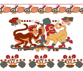 aztec cacao bean, leaves, nibs, pattern with monkey,maya on grey