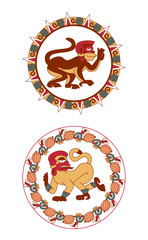 aztec cacao bean, leaves, nibs, pattern with monkey,maya on grey