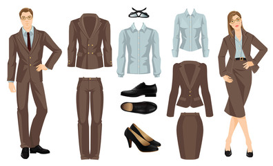 Vector illustration of corporate dress code. Office uniform. Clothes for business people. Secretary or professor in formal brown suit. Woman in glasses. Pair of black classic shoes. 