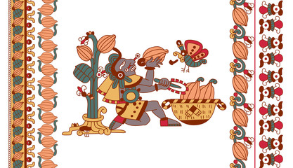  aztec pattern cacao tree, mayans, cacao beans and decorative bo