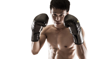 Man in a boxing stand on white background.