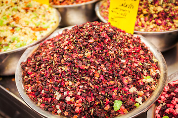 Different kinds of natural tea on the counter market