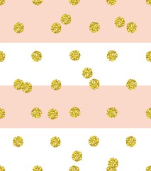Trendy vector glittering gold seamless polka dot pattern. Great texture with golden middle-size dots on striped pastel pink and white background. - 113468316