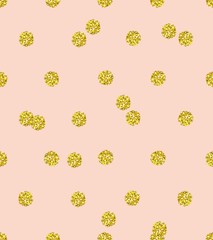 Trendy gold glitter seamless polka dot pattern. Great texture with golden middle-size dots on solid pastel pink background. - 113468340