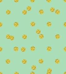 Trendy gold glitter seamless polka dot pattern. Great texture with golden middle-size dots on solid pastel olive grey background.