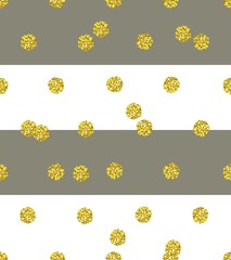 Trendy vector glittering gold seamless polka dot pattern. Great texture with golden middle-size dots on striped pastel olive grey and white background. - 113468560