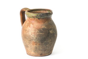 Clay jug, old ceramic vase isolated on white background