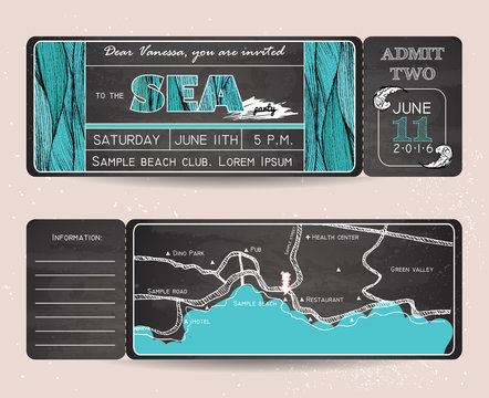 Summer Invitation Template. Chalkboard design. Ticket to a sea p