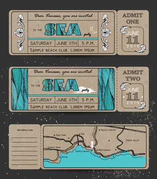 Summer Invitation Template on kraft paper. Ticket to a sea party