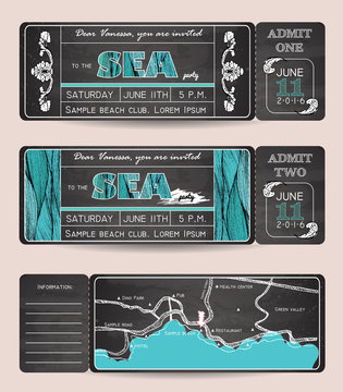 Summer Invitation Template. Chalkboard design. Ticket to a sea p