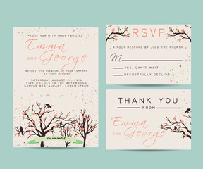beautiful wedding invitation set with trees and branches, decora