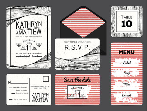 wedding invitation set with rsvp, table and menu cards. wavy and