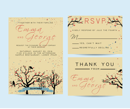 beautiful wedding invitation set with trees and branches, decora