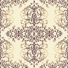 Vector abstract seamless pattern with geometric and floral ornaments, stylized flowers, dots, snowflakes and lace. Vintage arabic style.