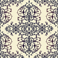 Vector abstract seamless pattern with geometric and floral ornaments, stylized flowers, dots, snowflakes and lace. Vintage arabic style.