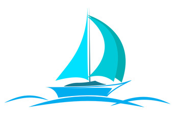 blue logo yacht on the sea with sails