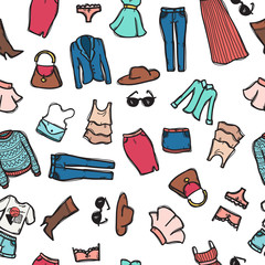 Vector seamless pattern with woman fashion objects. Clothes and accessories background in doodle style.