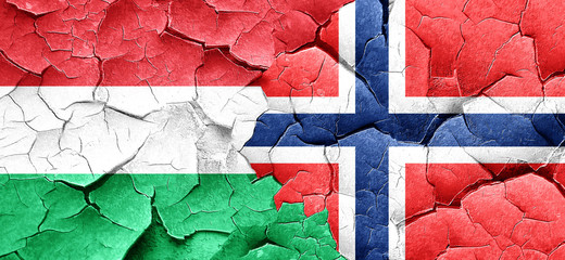 Hungary flag with Norway flag on a grunge cracked wall