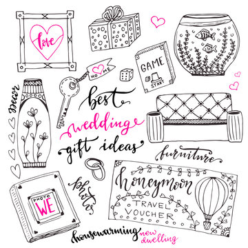 Wedding gift ideas set. Cartoon doodle illustration for wedding wishlist
