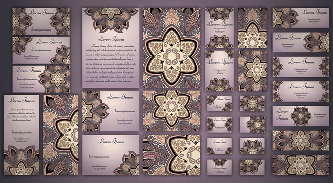 Vector visiting card set. Floral mandala pattern and ornaments. Oriental design Layout. Islam, Arabic, Indian, ottoman motifs. Front  back page.