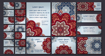 Vector visiting card set. Floral mandala pattern and ornaments. Oriental design Layout. Islam, Arabic, Indian, ottoman motifs. Front back page.
