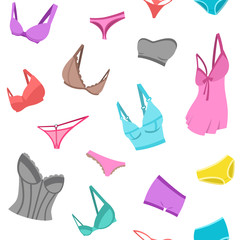 Bra design and panties styles vector flat colorful seamless background pattern. Female underwear scattered on a white background. Lingerie fashion. Woman wardrobe garments.