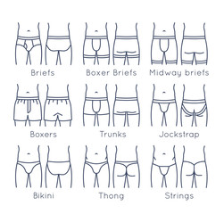Male underwear types flat line vector icons set. Modern man briefs fashion styles on torso figures. Front, back view. Underclothes linear infographic design elements. Isolated clothes pictogram