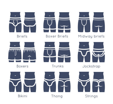Male underwear types flat silhouettes vector icons set. Modern man briefs fashion styles on torso figures. Front, back view. Underclothes infographic design elements. Clothes pictogram