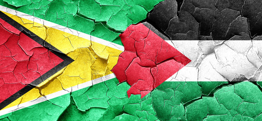 Guyana flag with Palestine flag on a grunge cracked wall
