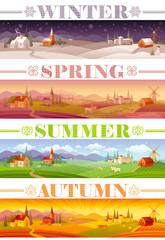 Idyllic farming landscape flayer design with text logo Winter, Spring, Summer, Autumn. Villa houses, chirch, barn, mill, cow and country roads. Four seasons year calendar collection.