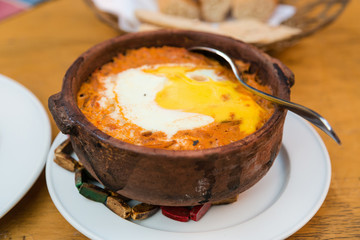 Bowl of shakshuka, popular Egyptian meal.