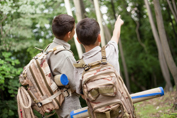 two boys go hiking with backpacks on a forest road bright sunny - obrazy, fototapety, plakaty