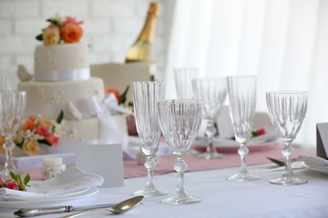 Beautiful served table for wedding or other celebration in restaurant