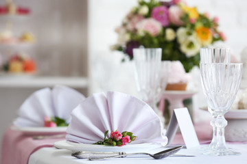 Beautiful served table for wedding or other celebration in restaurant