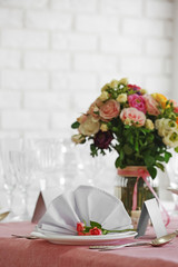Beautiful served table for wedding or other celebration in restaurant