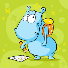 cute hippo cartoon with school bag and pencil - vector illustration
