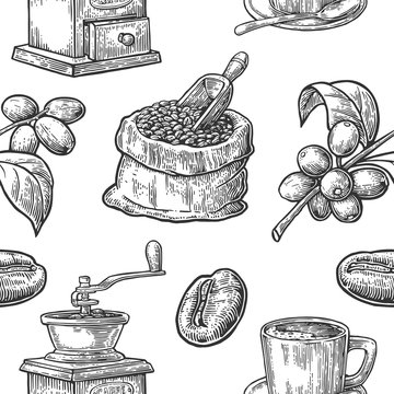 Seamless pattern with coffee, bean and branch.