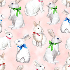 white rabbits on pink background