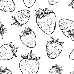 Vector seamless pattern with strawberries. Hand draw black white background with berries. Design for fabric, textile print, wrapping paper. Healthy food illustration. - 113481533