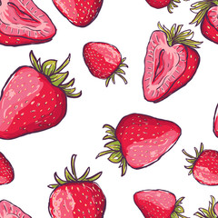 Vector seamless pattern with red strawberries. Hand draw colorful summer background with berries. Design for fabric, textile print, wrapping paper. Healthy food illustration.