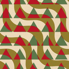 Retro 3D green and brown diagonal waves with triangles