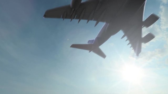 Flying huge Airbus A380 airliner with no logos. 4K sunny weather pan video