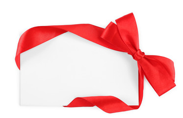 Note card with ribbon bow on white background