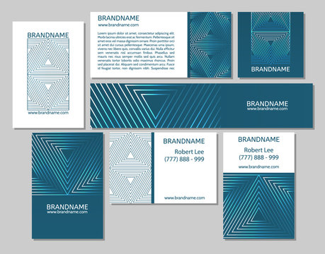 Vector set of business cards flayers banners with triangle pattern on a teal background.