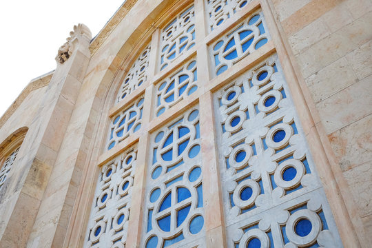 Window of the Church of All Nations, Mount of Olives in Jerusalem, Israel.