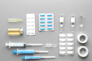 Doctor table with medical items. Flat lay