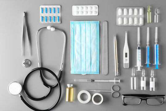 Doctor Table With Medical Items. Flat Lay