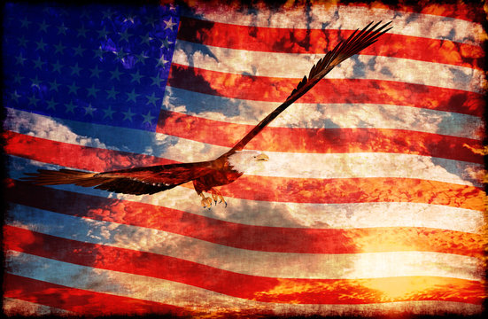 Eagle at sunset background with american flag - 3D rendering