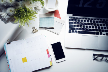 Search Photos Office Desk Overhead View Of Smart Phone And Laptop With Diary On Office Desk