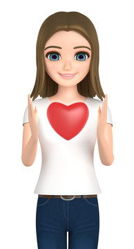 3D illustration character - A girl in jeans has heart.